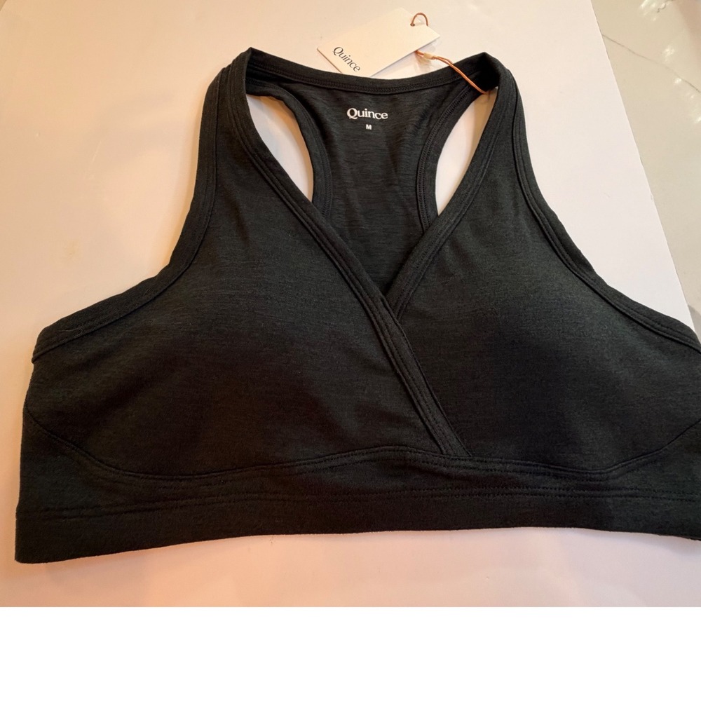 Quince Ultra-Soft V-Neck Racerback Bra Heather Black NWT Women's M
